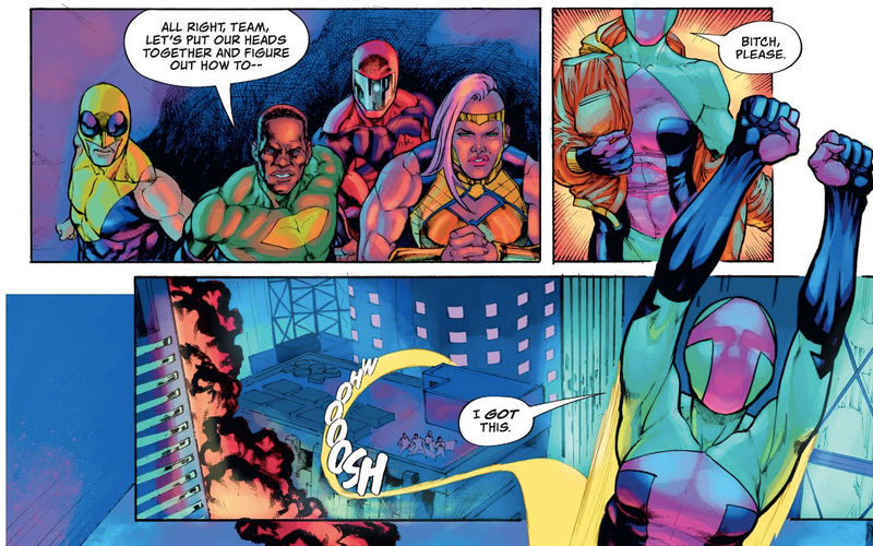 The superhero Orbit breaking away from her team to show off a little bit.